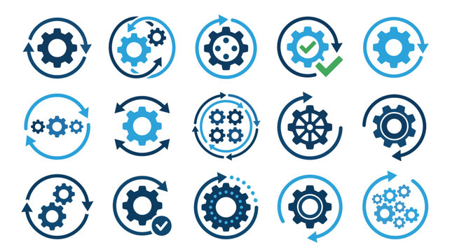 Gears signify mechanical operations in this set of blue icons.