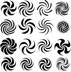 Fototapeta premium Collection of black pinwheel and swirl graphic elements with pinwheel, abstract