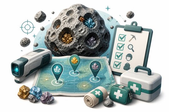 Mining exploration workflow with scanner map checklist and gemstone rich rock for geology and resource prospecting