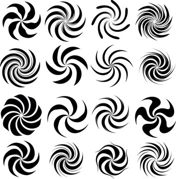 Collection of black pinwheel and swirl graphic elements with pinwheel, abstract