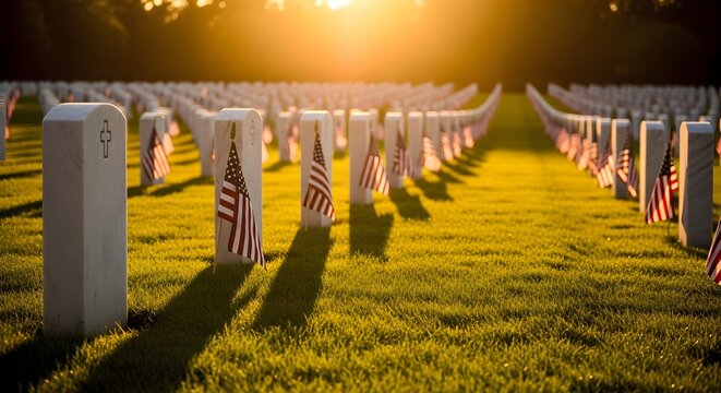 Row of white military grave markers with american flags at sunrise in cemetery