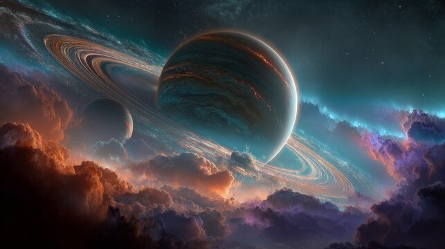 Massive planet with swirling bands dominates the sky. Bright rings glow around its equator. Vibrant clouds drift below in fiery hues. Distant stars shimmer in a deep cosmic expanse