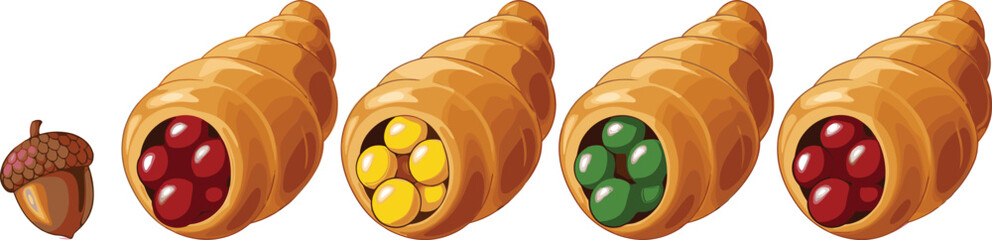 Autumn Cornucopia Collection with Acorn and Harvest Horn Filled with Fruits Vector Illustration Set for Thanksgiving, Seasonal Decoration and Festive Design © MdMunzurul