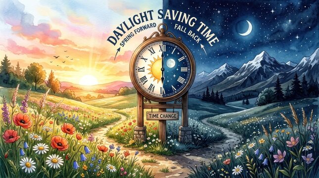 A whimsical illustration depicts Daylight Saving Time, transitioning from Spring Forward to Fall Back.