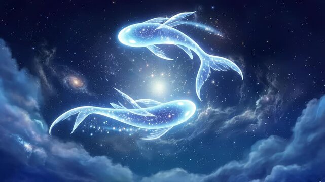 Celestial koi fish swimming through deep space nebula. Ethereal pisces zodiac creatures gliding among stars and cosmic clouds. Lockdown shot.