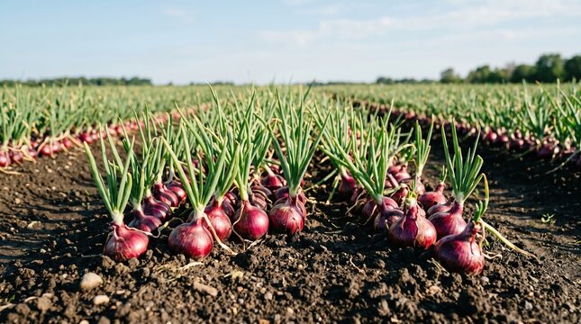 Red onions growing in a field on fertile soil under a clear blue sky with food production vegetable patch root vegetab