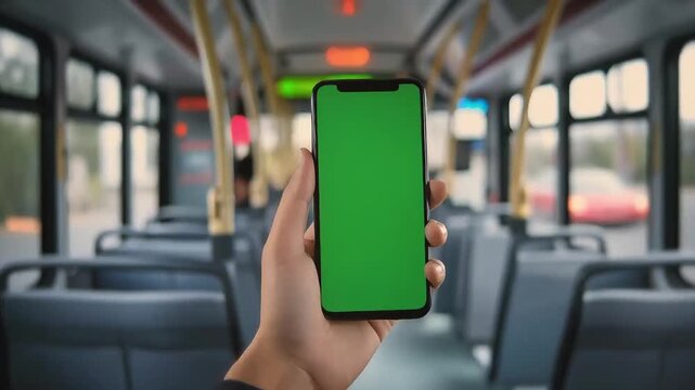 A person holds a green-screen smartphone inside a bus with empty seats, windows showing moving scenery, and soft overhead lighting