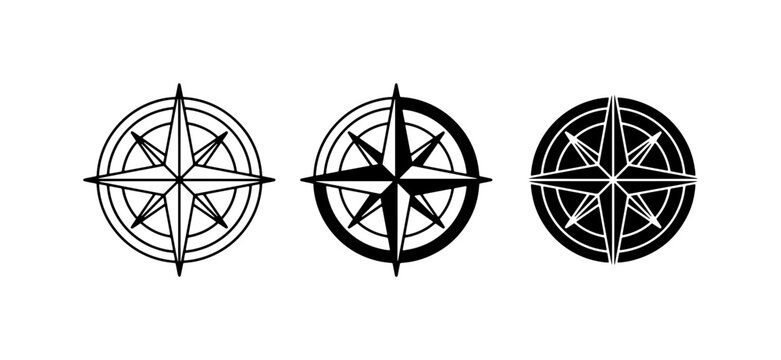Set of Three Compass Rose Icons, Nautical Navigation Symbols, Wind Rose Vector Graphics, Marine Directional Guides