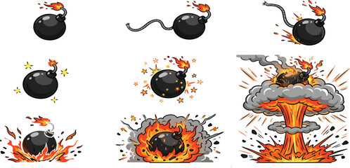 Cartoon Bomb Explosion Sequence Set Featuring Round Black Bombs With Burning Fuses and Mushroom Cloud Detonation Effects for Game Assets and Comic Book Graphic Illustrations © MdSirazul