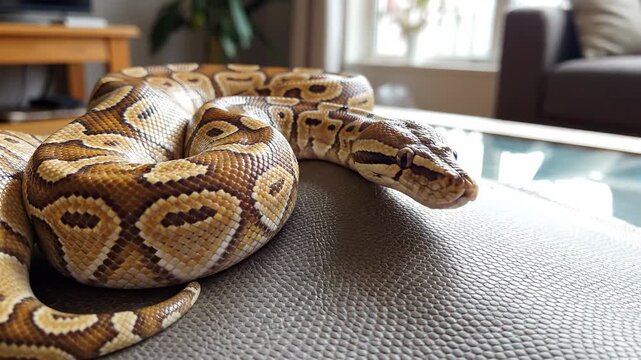 Close Up of a Ball Python Snake Flicking Its Tongue and Exploring a Living Room Couch