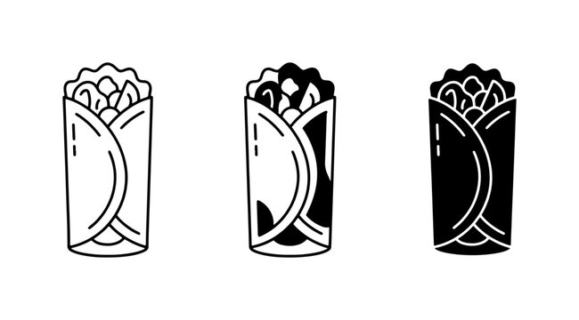 Three Vector Icons of Burritos, Shawarma, and Wraps, featuring outline, filled, and silhouette styles for diverse culinary design applications.