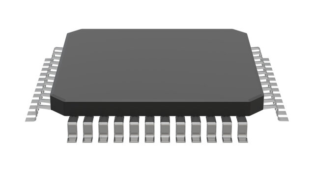 Semiconductor chip perspective view dark gray QFP integrated circuit with silver metal pins, glossy, isolated on transparent background, representing advanced electronics and computing concept.