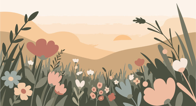 Beautiful wildflower meadow landscape with soft pastel colors.