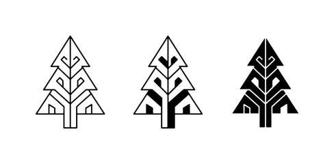Fototapeta premium Geometric Pine Tree Icons, Stylized Evergreen Vector Graphics, Minimalist Forest Symbols, Black and White Nature Elements