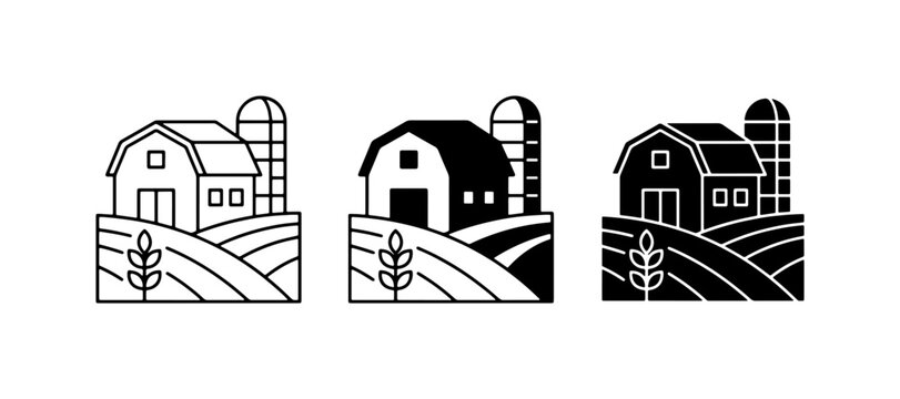 Farm Barn and Silo Icons, Agricultural Landscape Vector Set, Rural Countryside Scene Graphics