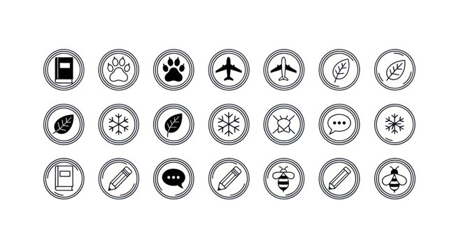 Set of circular icons with symbols: notebook, paw print, airplane, leaf, snowflake, chat bubble, pencil, bee