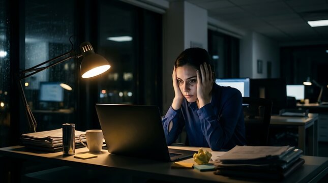 Stressed Woman Working Late at Night in Office
