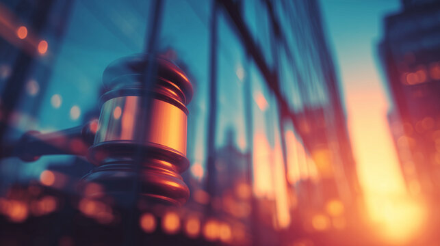 Silhouette of judge gavel against modern glass office building at sunset symbolizing corporate law justice and legal regulation in urban business environment