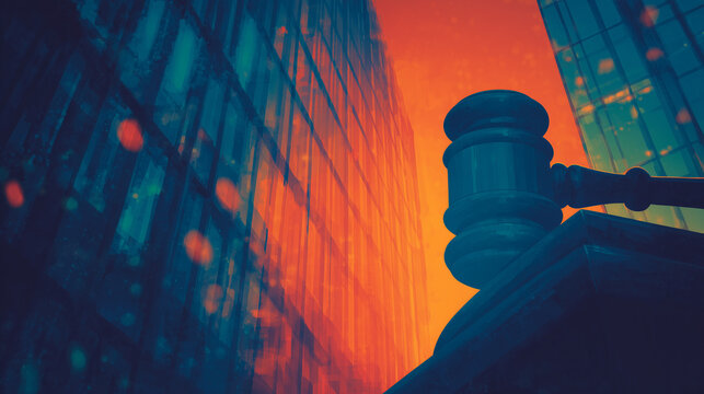 Silhouette of judge gavel against modern glass office building at sunset symbolizing corporate law justice and legal regulation in urban business environment