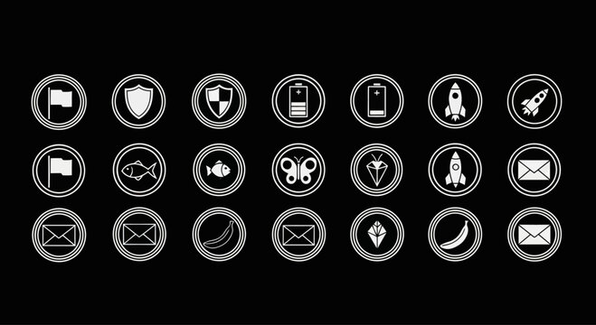 Set of Futuristic UI Icons: Flags, Shields, Battery, Rocket, Fish, Envelope, Banana