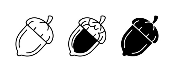Set of 3 Acorn Icons, Outline and Solid Fill Vector Graphics, Autumn Seed Symbols for Nature and Fall Themes © Shaila