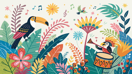 Fototapeta premium Tropical jungle background with toucan birds playing music, drums and trumpet, surrounded by exotic flowers and lush green leaves, vector illustration