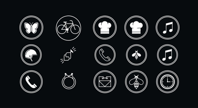 Set of Icons: Butterfly, Bicycle, Chef Hat, Music Note, Helmet, Phone, Bee, Clock