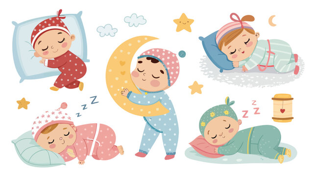 Cute cartoon babies sleeping in various poses set adorable infants in colorful pajamas with pillows, moon, and stars vector illustration for nursery design