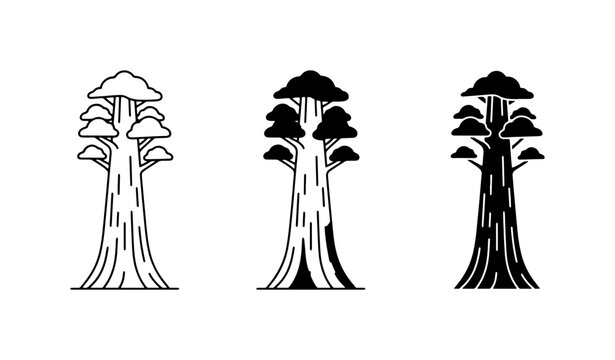Giant Sequoia Tree Icons, Tall Evergreen Forest Symbols, Ancient Redwood Plant Graphics, Nature Silhouette Vector Set