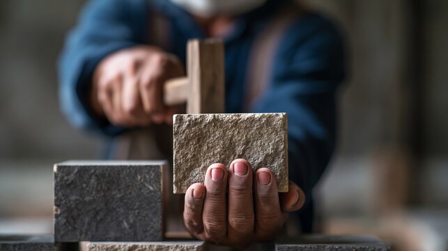 Male stone mason holding a rectangular stone block with one hand while using a hammer with the other hand in a workshop setting with blurred background