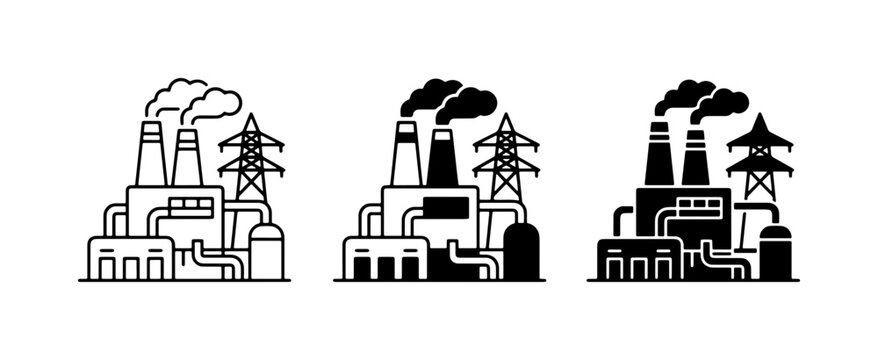 Industrial Power Plant Icons, Factory Building Vector Graphics, Energy Production Symbols