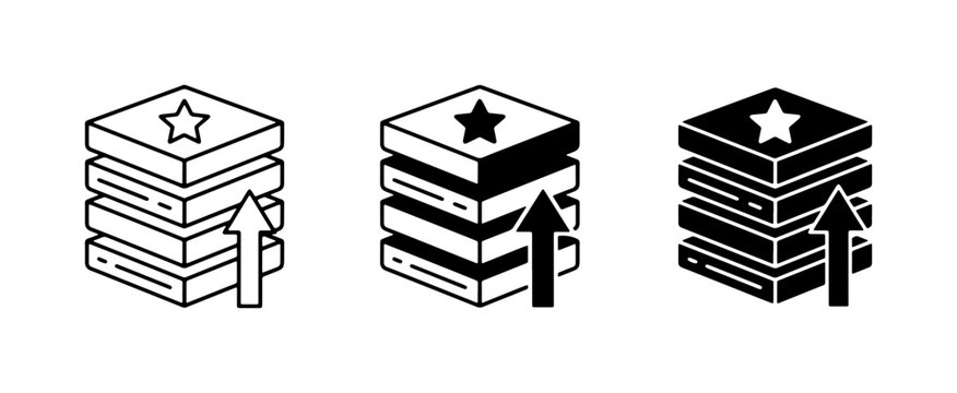 Data Stack Growth Icons, Database Ranking Up Arrow, Server Performance Increase, Cloud Storage Ranking, Business Analytics Growth