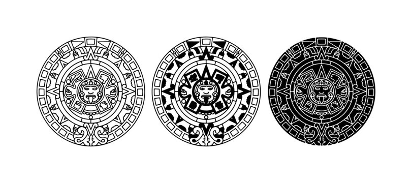 Intricate Circular Aztec Sun Stone Vector Designs, Ancient Calendar Symbol, Mesoamerican Art, Black and White Graphics, Cultural Heritage Motif
