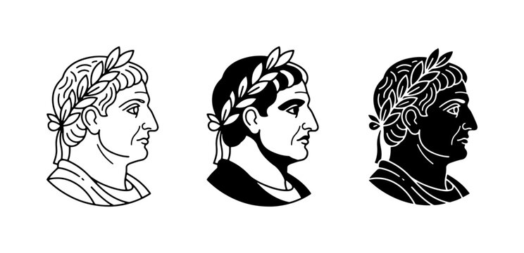 Roman Emperor Profile Icons, Laurel Wreath Busts, Ancient History Vector Set, Classical Art Illustrations