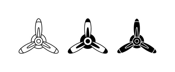 Airplane Propeller Icons Set: Three-Blade Vector Graphics for Aviation and Transport Concepts, Black and White Designs © Robiul