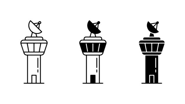 Air Traffic Control Tower Icons, Airport Navigation Building Symbols, Radar Communication Hub Vector Graphics Set