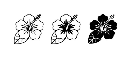Obraz premium Hibiscus Flower Icons, Tropical Floral Vector Graphics, Simple Silhouette and Outline Styles, Summer Botanical Elements