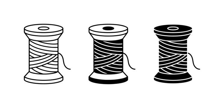 Three Spools of Thread Icons, Sewing Supplies, Crafting Tools, Textile Elements, Black and White Vector Graphics