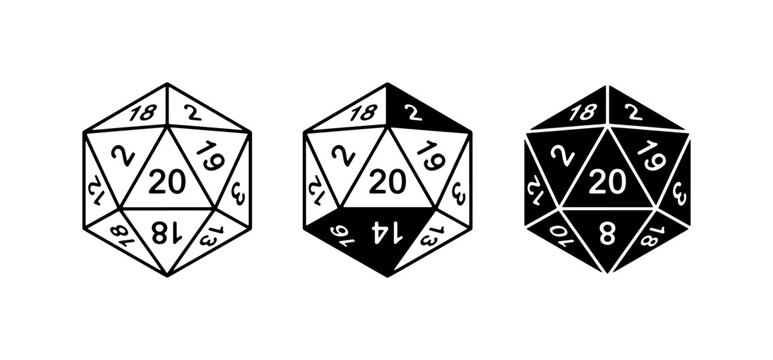 Set of Three D20 Dice Icons, Twenty-Sided Polyhedral Dice for Tabletop Games, Black and White Vector Graphics