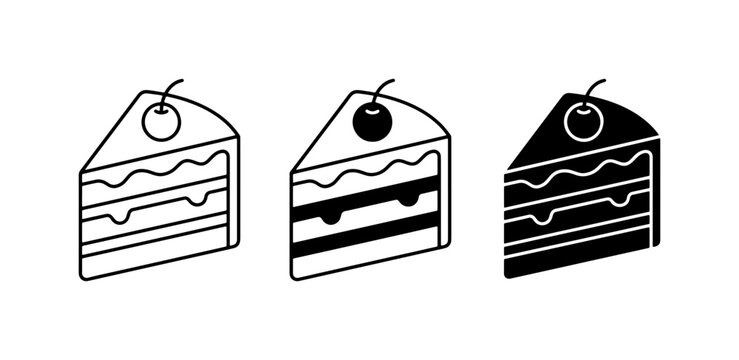 Simple Cake Slice Icons, Minimalist Dessert Graphics, Sweet Treat Vector Set, Cherry Topping, Outline and Solid Styles