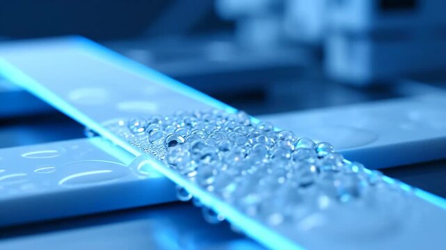 Water Droplets Rolling on a Blue-Lit Repellent Surface