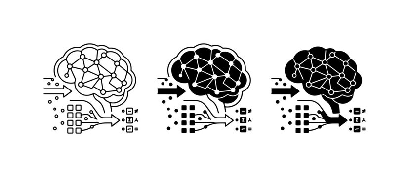 AI Brain Processing Data: Neural Network Learning, Machine Intelligence, and Data Analysis Icons. Set of three stages illustrating artificial intelligence concept.