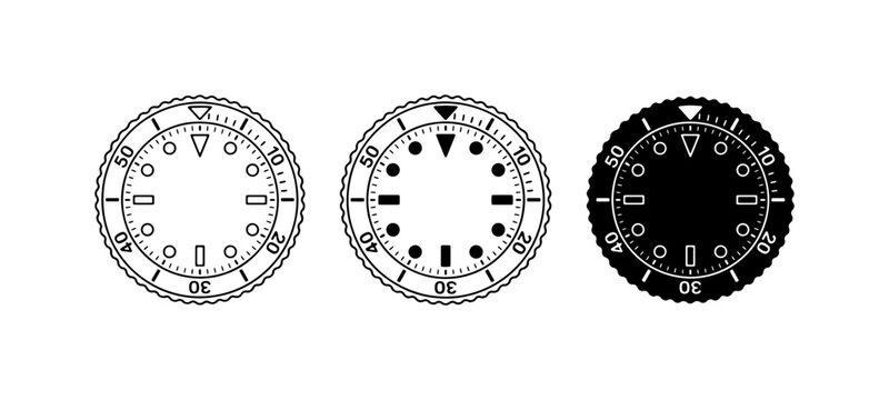 Dive Watch Dials, Minimalist Vector Icons Set, Black and White Timepiece Faces for Design Projects