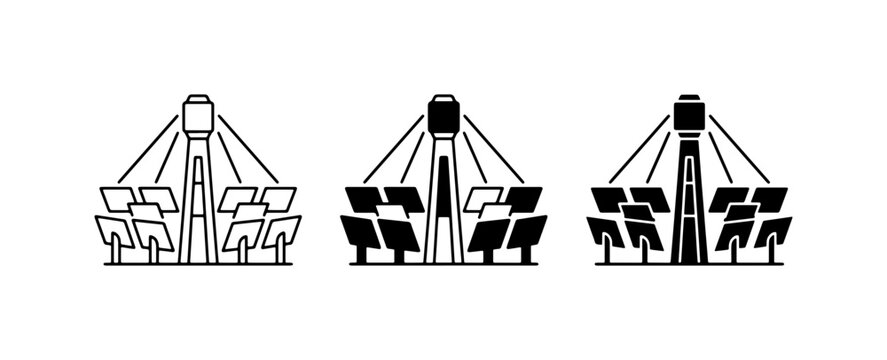 Solar Power Tower Icons, Concentrated Solar Power Plant Symbols, Renewable Energy Technology Graphics