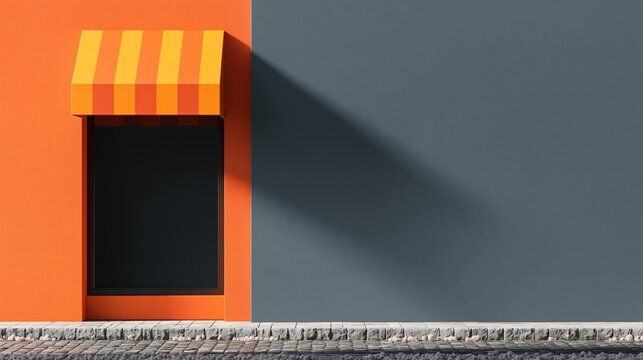 Colorful storefront with orange wall and gray section, featuring a striped awning above a dark window, and a cobblestone pathway in front