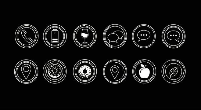 Set of modern minimalist icons with dashed circles on black background