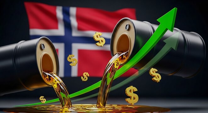 Norway Flag with Oil Barrels, Dollar Signs and Rising Arrow