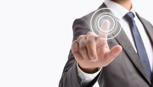 close up of hand pressing button on white background