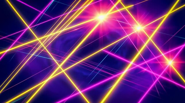  Dynamic composition of yellow and pink light paths intersecting against the background of a dark nebula with intense flashes of star