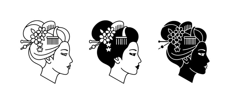 Elegant Japanese Geisha Profile Vector Set: Traditional Beauty, Artistic Illustration, Cultural Iconography, Black and White Graphics